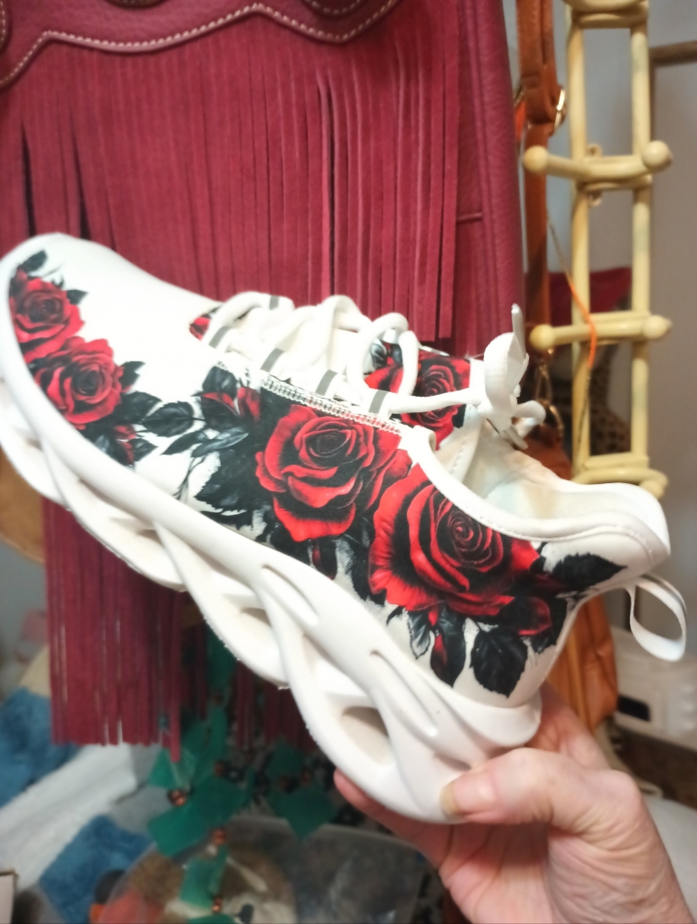 White Sneakers with Red Rose Print - Women's Fashion Athletic Shoes